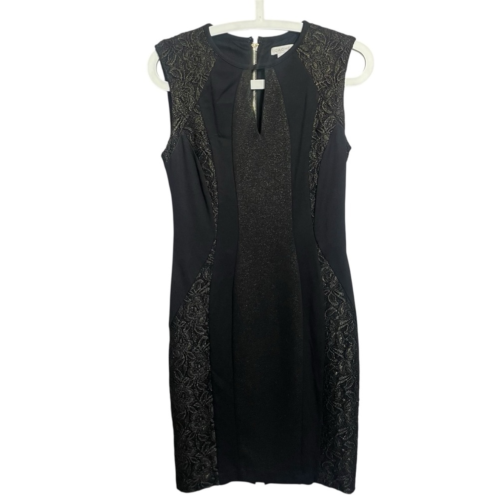 Cache Sheath Cocktail Dress Black W/Gold Lace Sleeveless